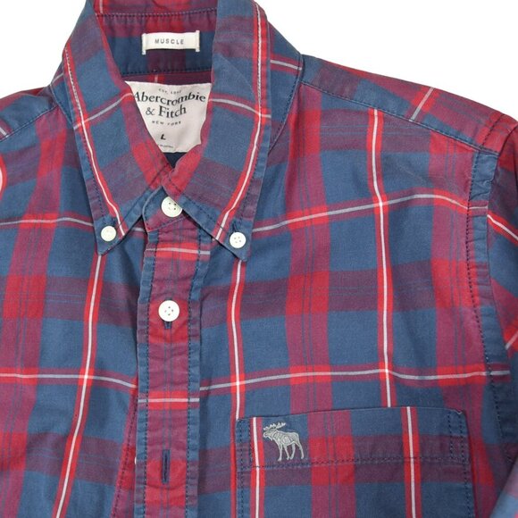 ABERCROMBIE & FITCH Men's Shirt Muscle Blue Plaid Moose Logo Cotton Large - Picture 4 of 9